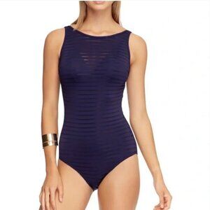 JETS by Jessika Allen High Neck Parallels Overlay Blue One Piece Swimsuit 10